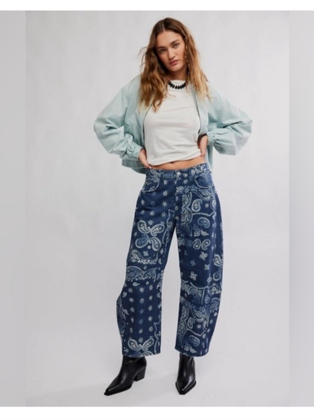 Free People Mid-Rise Bandana Print Wide Leg Jeans - Blue